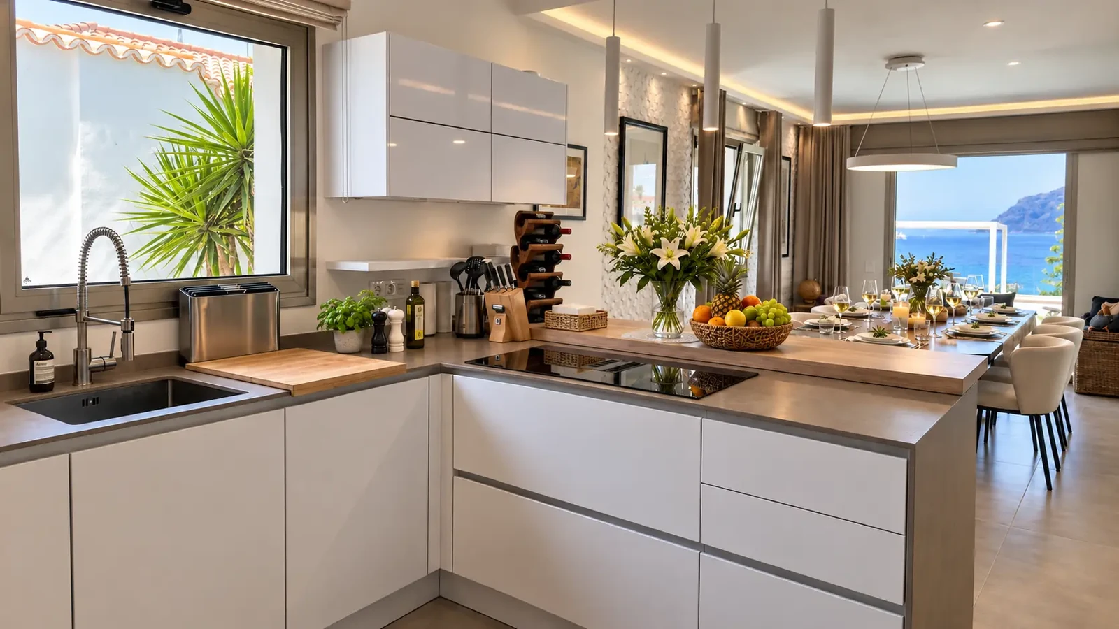 Modern kitchen with island and ocean view at Villa White Octopus, Tenerife