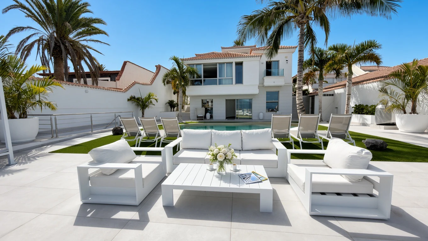 Outdoor lounge sofa beside the private pool at Villa White Octopus, Tenerife