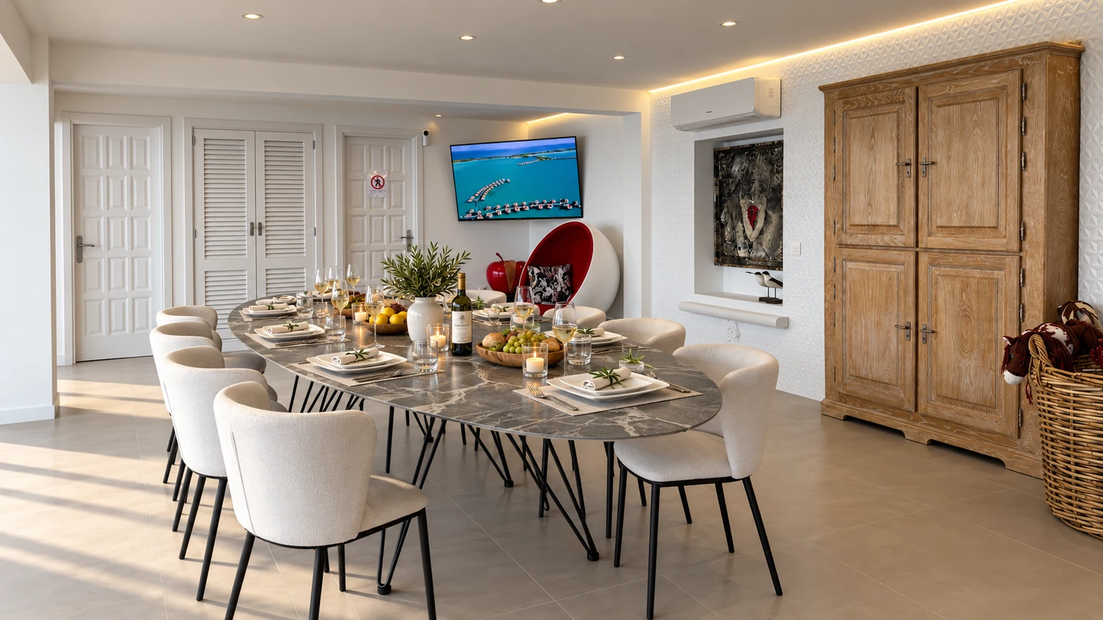 Lower-level lounge and dining room with red egg chair at Villa White Octopus