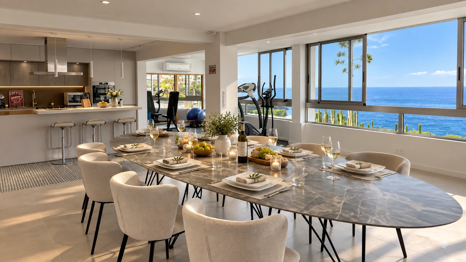 Marble dining table set for dinner with ocean view on the lower level of Villa White Octopus