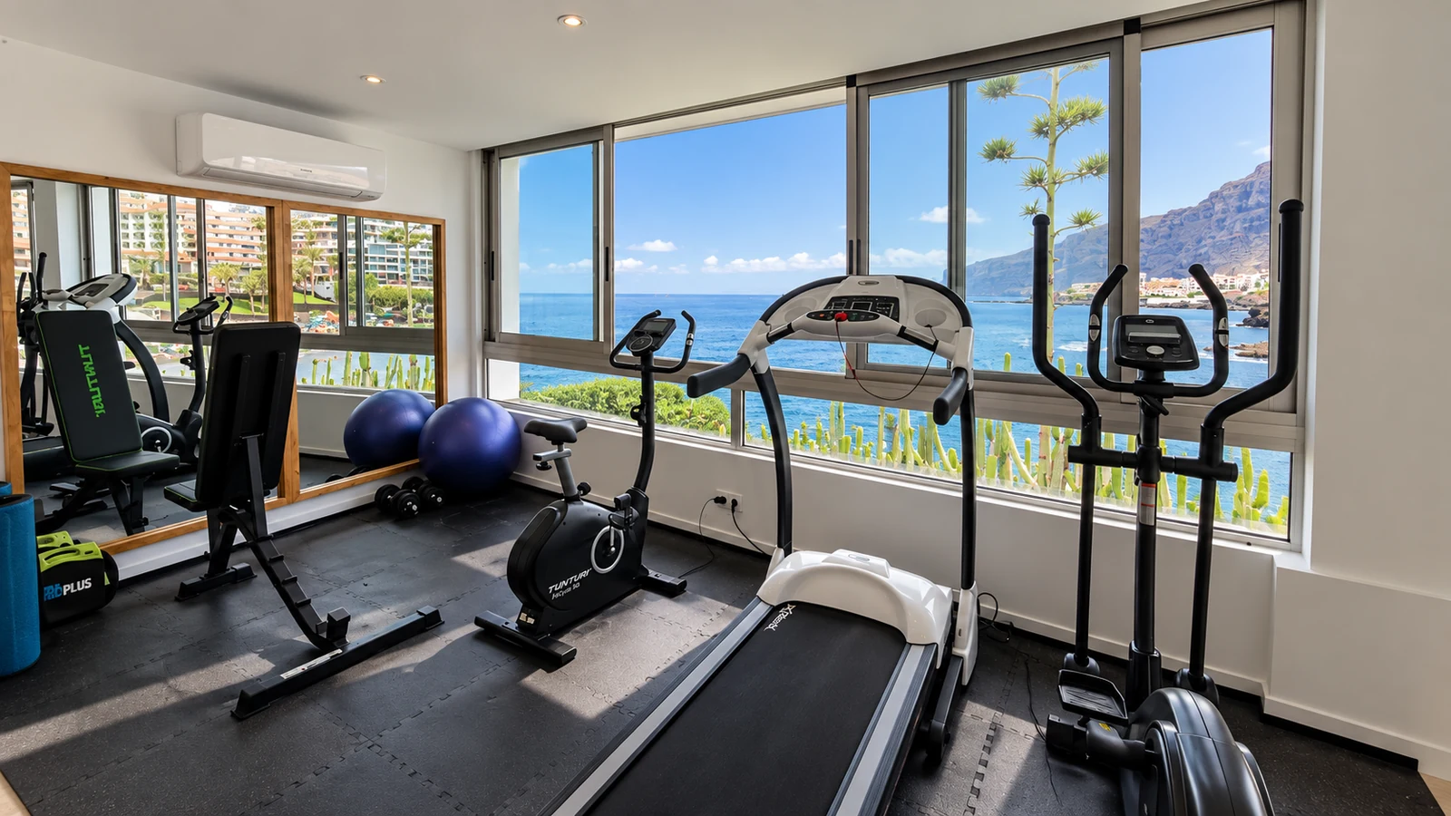 Private gym with treadmill, elliptical and ocean view at Villa White Octopus