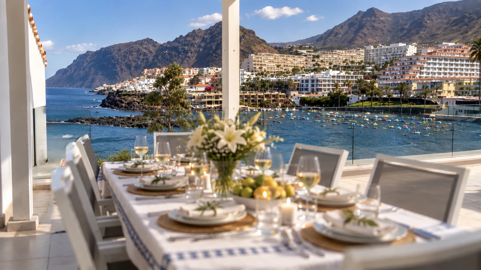 Dining table set for a meal with Atlantic Ocean view at Villa White Octopus