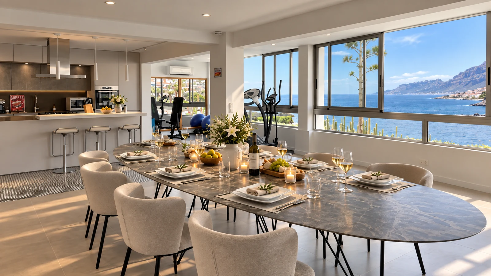 Lower-level dining table set with wine and candles at Villa White Octopus, Tenerife
