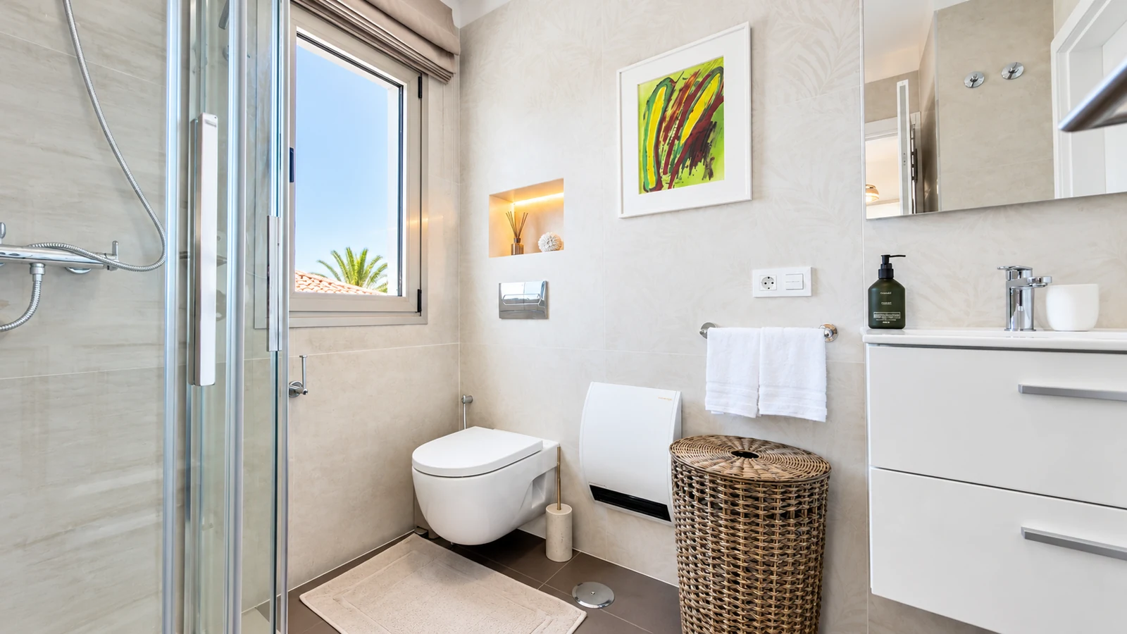 Bright bathroom with shower and palm view at Villa White Octopus, Tenerife