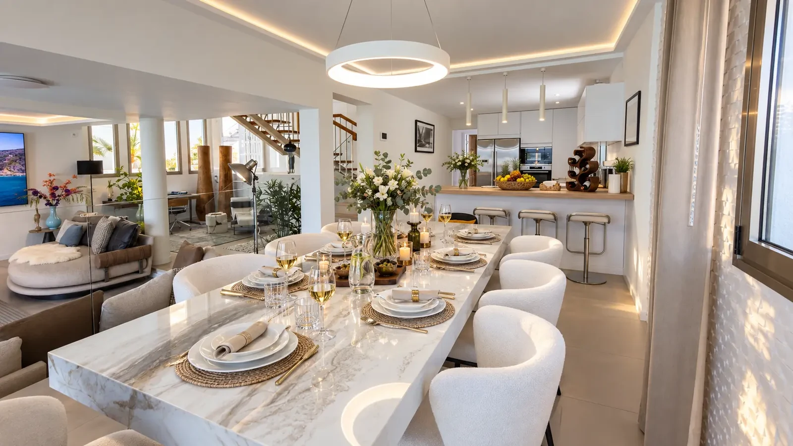 Open-plan kitchen and dining room at Villa White Octopus, Puerto de Santiago