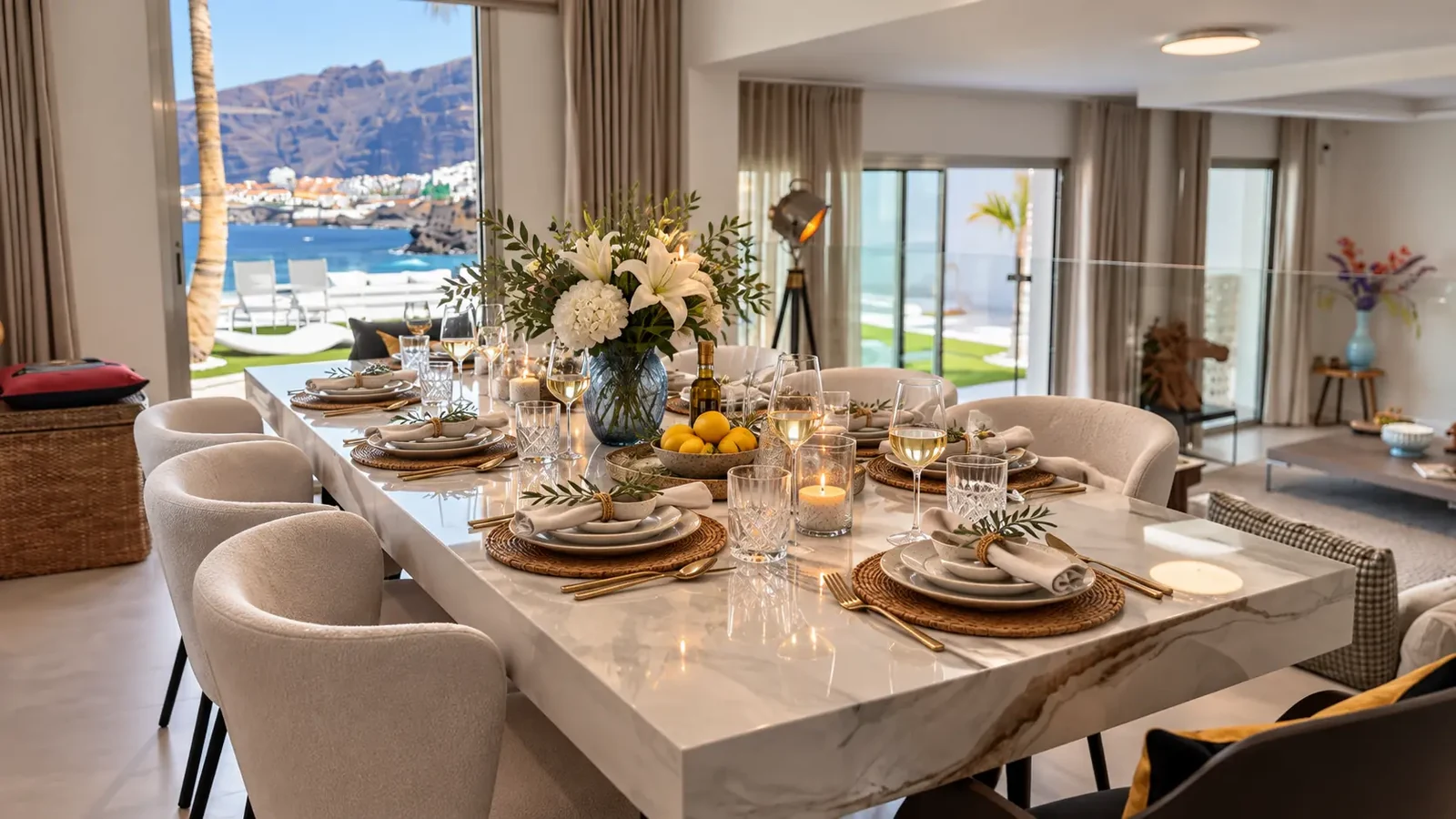 Formal dining table with flowers and candles overlooking Los Gigantes, Villa White Octopus