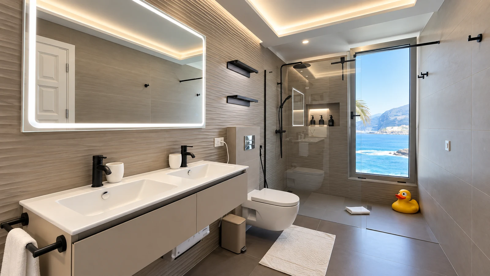 Modern bathroom with sea view at Villa White Octopus, Tenerife