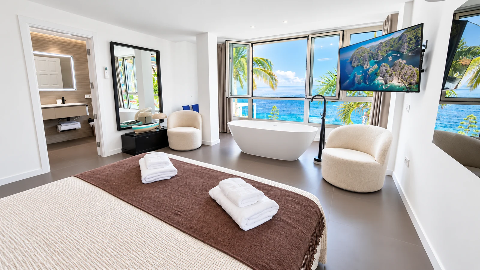 Bedroom with freestanding bath tub and sea view at Villa White Octopus, Tenerife