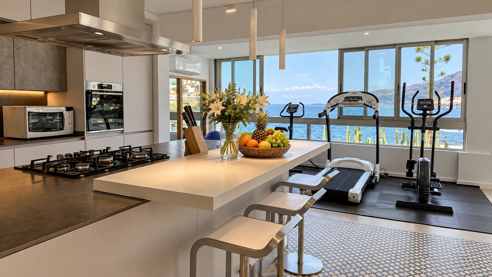 Second kitchen with gas hob and gym equipment by the windows at Villa White Octopus